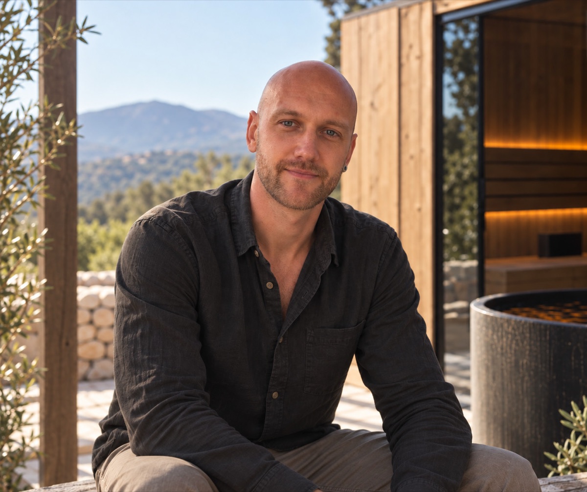 Ash, founder of Welna Studio, sitting in front of an outdoor sauna and a cold plunge
