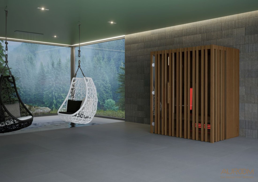 Sauna in a hotel spa lounge with forest view