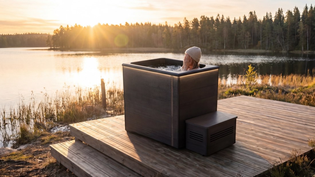 Morning dip in an ice bath on a lakeside deck