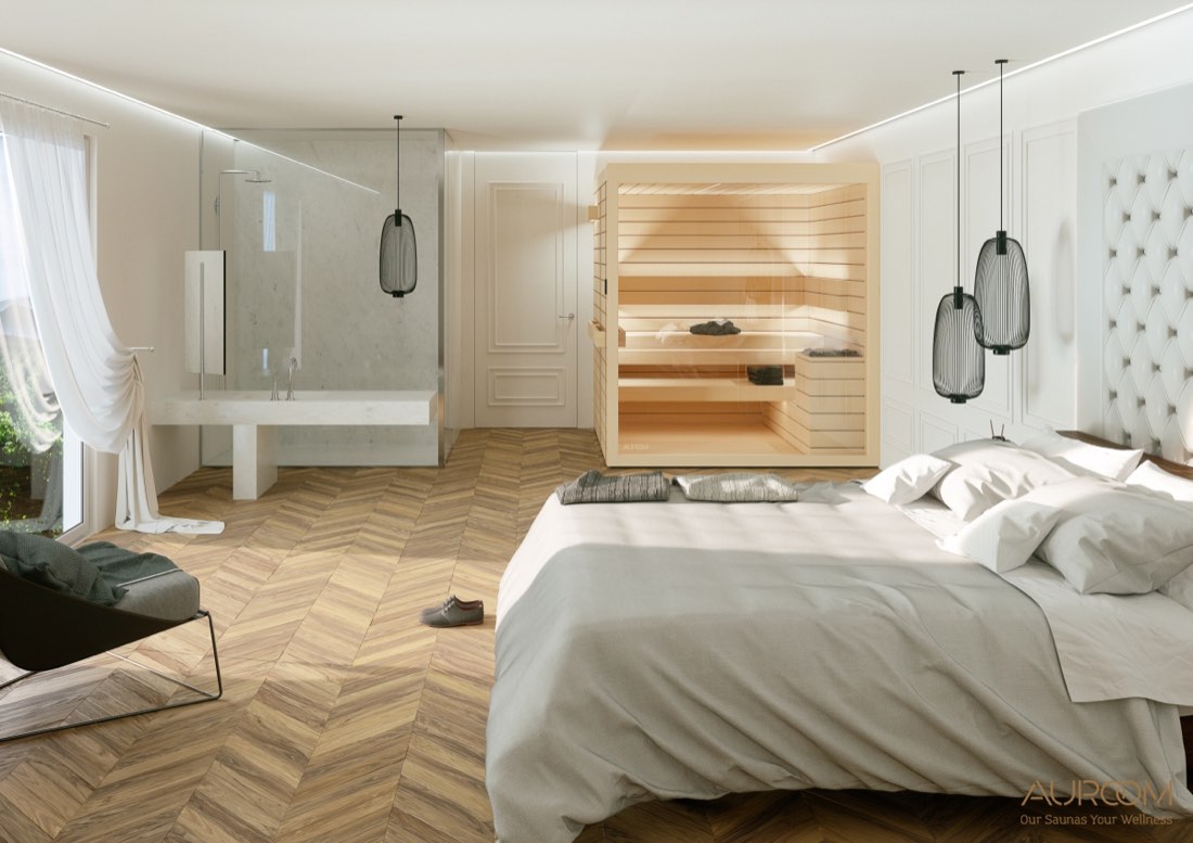 Indoor sauna built into a bright bedroom suite